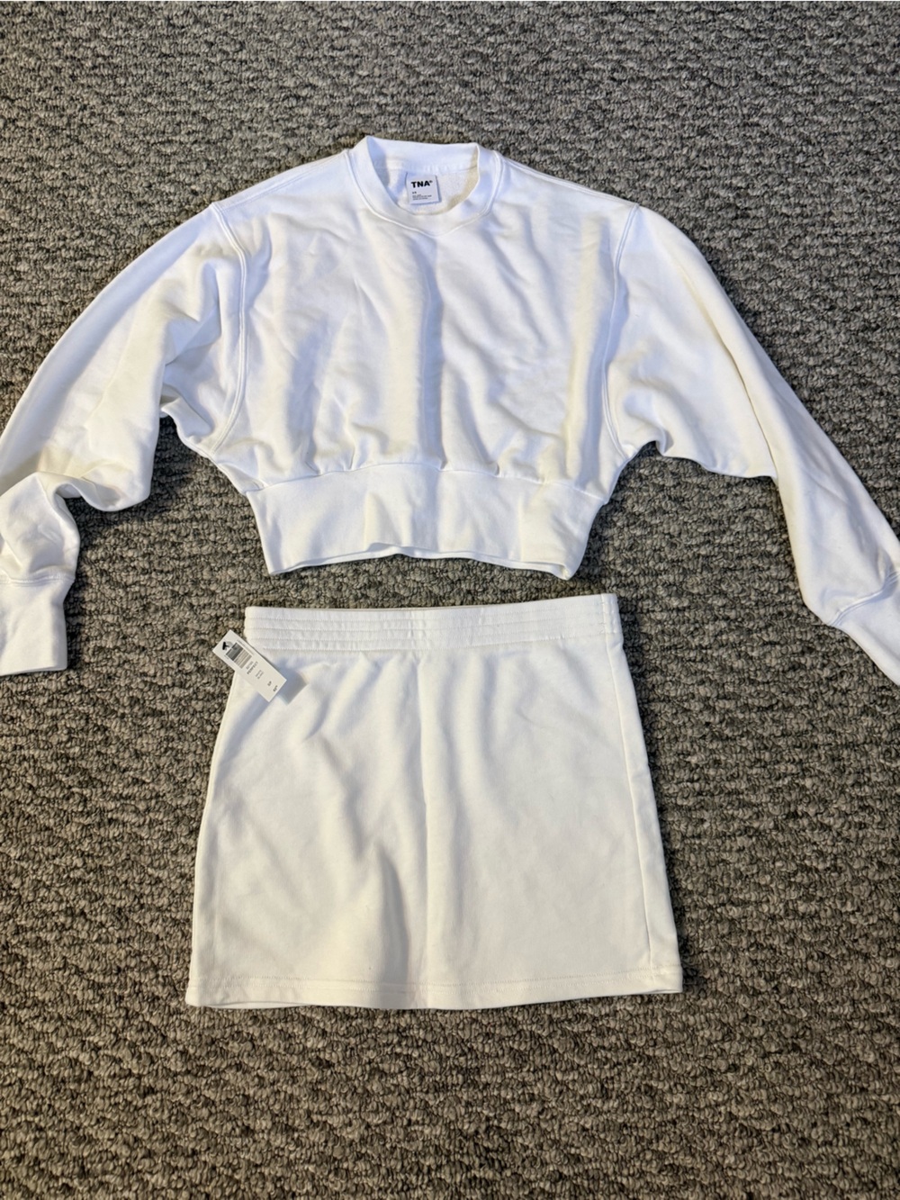 TNA White Cropped Sweatshirt and Mini Skirt Set